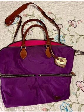 Dooney & Bourke Purple Nylon Tote Bag with Brown Leather Trim